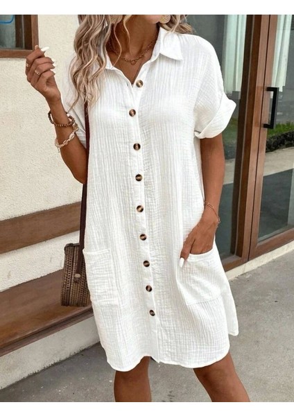 Kadın Kısa Kollu Cep Detaylı Bürümcük Kumaş Gömlek Elbise fırsatları