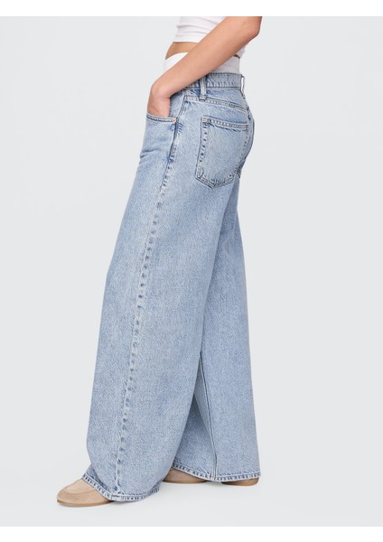 Kadın Açık Mavi Mid Rise Ultrasoft Boxer Baggy Jean Pantolon fırsatları