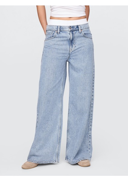 Kadın Açık Mavi Mid Rise Ultrasoft Boxer Baggy Jean Pantolon indirimleri