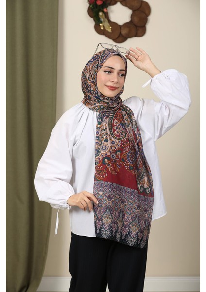 Etnik Desenli Soft Bordo Şal – Veyna Scarf Özel Serisi | Desenli Yazlık Şal | Şık Tesettür Şal Modelleri