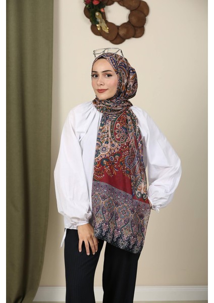 Etnik Desenli Soft Bordo Şal – Veyna Scarf Özel Serisi | Desenli Yazlık Şal | Şık Tesettür Şal Modelleri
