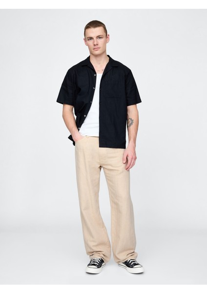 Erkek Bej Keten Karışımlı 90's Loose Herringbone Pantolon