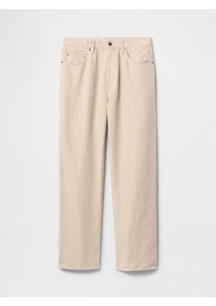 Erkek Bej Keten Karışımlı 90's Loose Herringbone Pantolon