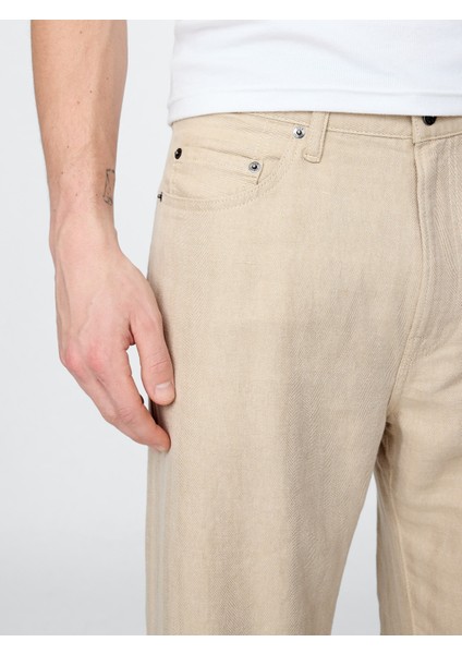 Erkek Bej Keten Karışımlı 90's Loose Herringbone Pantolon