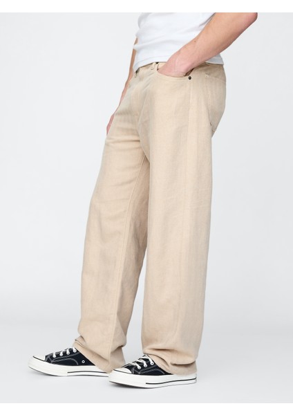 Erkek Bej Keten Karışımlı 90's Loose Herringbone Pantolon