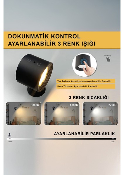 Duvar Aplik Aydınlatma - 360° Dönebilen Şarjlı - 3 Işık Modlu - Kumandalı Taşınabilir Aplik Lamba