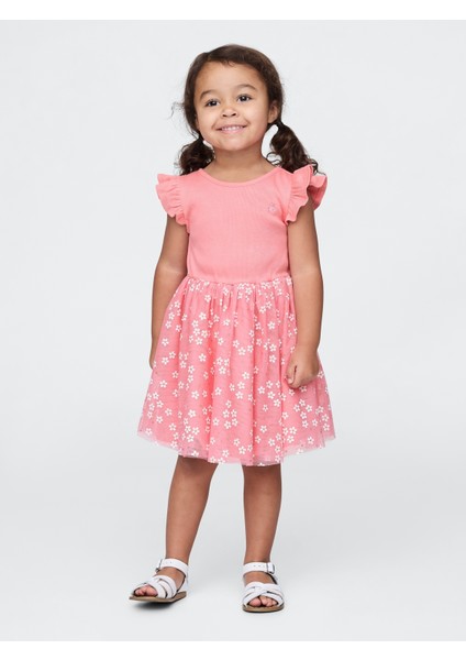 Kız Bebek Pembe Çiçek Desenli Tül Elbise