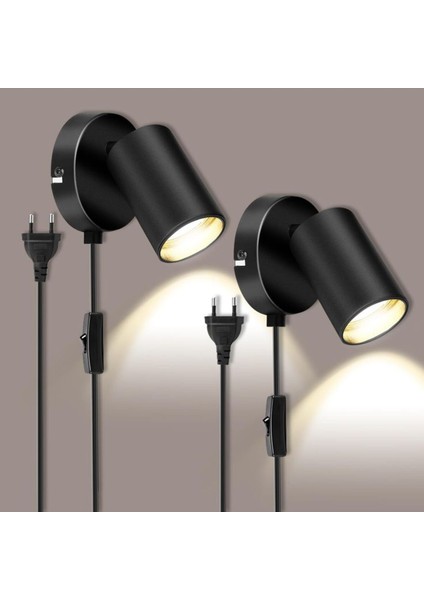 Metal Mafsallı Siyah Spot Armatür Aplik Kablolu Fişli Beyaz LED Ampullü