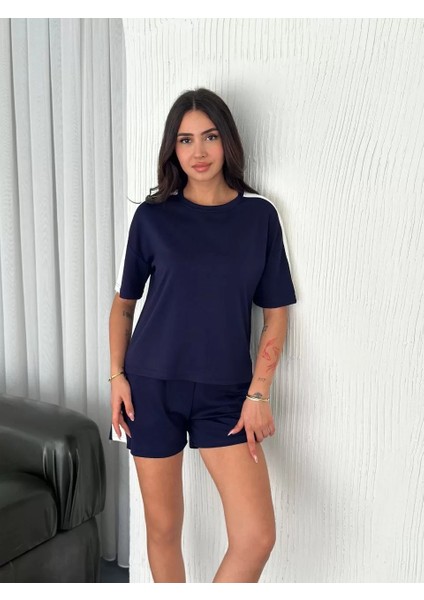 Osy Modal Yumuşak Dokulu Kumaş Kadın Parçalı Bisiklet Yaka T-Shirt Kısa Şort Ikili Takım - Mavi fırsatları