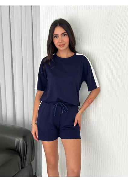 Osy Modal Yumuşak Dokulu Kumaş Kadın Parçalı Bisiklet Yaka T-Shirt Kısa Şort Ikili Takım - Mavi indirimleri