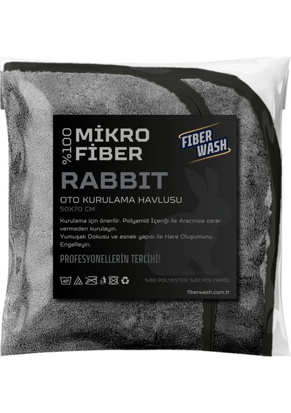 Rabbıt Mikrofiber Kalın Süper Emici Esnek Araç Yıkama Kurulama ve Cila Bezi 50X70 cm – Gri