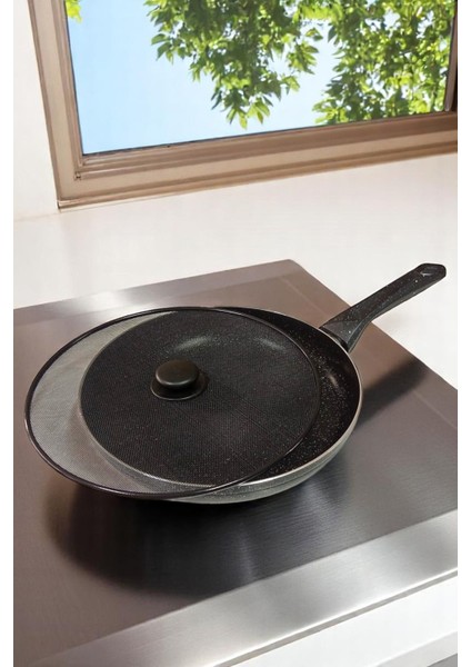 Granit Döküm Tava Yağ Sıçratmaz Kapaklı -Yapışmaz Taban 32 cm 721668