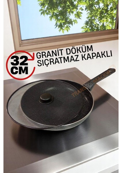 Granit Döküm Tava Yağ Sıçratmaz Kapaklı -Yapışmaz Taban 32 cm 721668