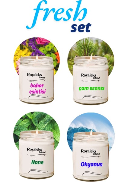 4 Adet Doğal Özel Seri Kokulu Dekoratif Kavanoz Mum 4 x 210 cc - Fresh Set - Ryl