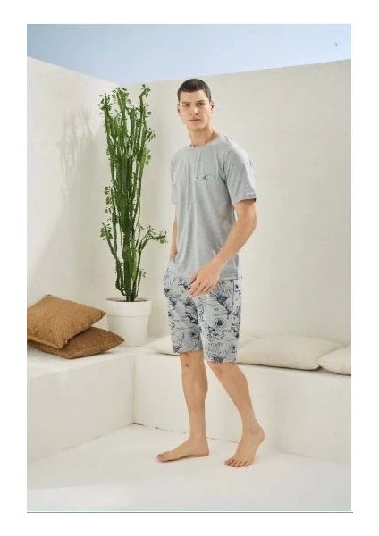 Erkek Bisiklet Yaka Gri Şortlu Pijama Takım