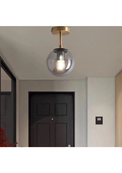 Mini Salon - Mutfak - Yatak Odası Camlı Gold Eskitme Renk Füme Camlı Tekli Tavan Plofonyer Avize