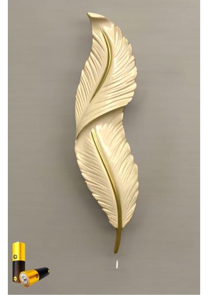 Tüy Aplik Led'li Pilli Dekoratif Duvar Aydınlatma Bej-Gold 60*16 cm