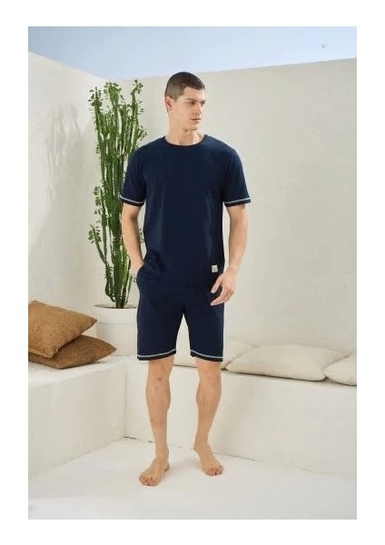 Erkek Bisiklet Yaka Lacivert Şortlu Pijama Takım