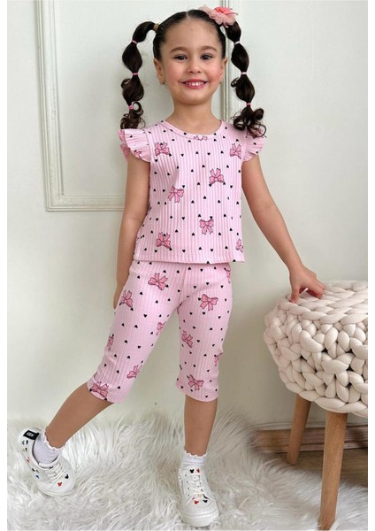 Pjkskt Fiyonk Desen Pembe Fitilli Kumaş Fırfırlı Kollu Kaprili Kız Çocuk Kısa Kol Takım 7642-P