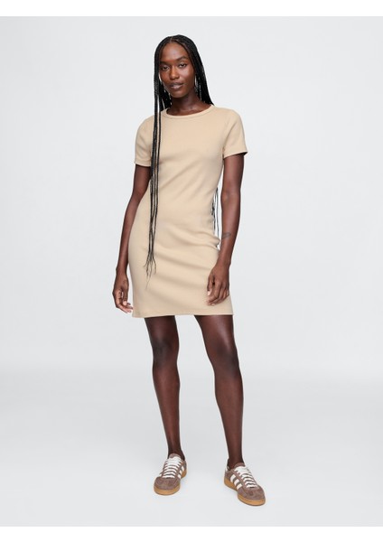 Kadın Bej Fitilli Mini T-Shirt Elbise