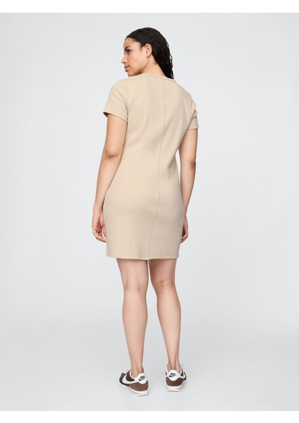 Kadın Bej Fitilli Mini T-Shirt Elbise modelleri