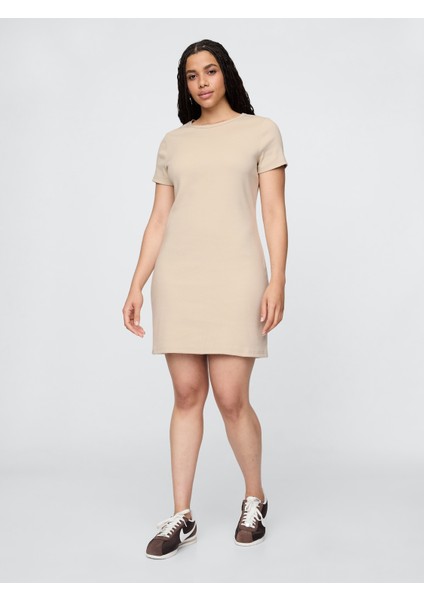 Kadın Bej Fitilli Mini T-Shirt Elbise fırsatları