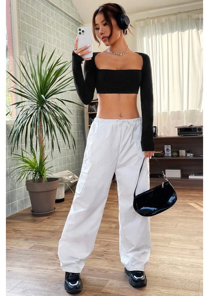 Marsilyan- Kadın Siyah Uzun Kol Göğüs ve Sırt Dekolteli Crop Top Bluz