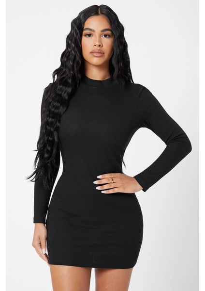 Kadın Siyah Kaşkorse Balıkçı Yaka Uzun Kollu Bodycon Mini Elbise