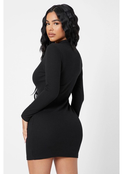 Kadın Siyah Kaşkorse Balıkçı Yaka Uzun Kollu Bodycon Mini Elbise