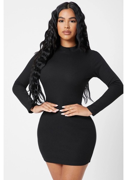 Kadın Siyah Kaşkorse Balıkçı Yaka Uzun Kollu Bodycon Mini Elbise