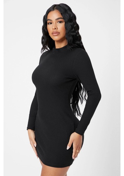 Kadın Siyah Kaşkorse Balıkçı Yaka Uzun Kollu Bodycon Mini Elbise