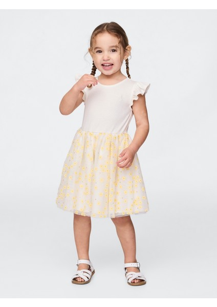 Kız Bebek Kırık Beyaz Çiçek Desenli Tül Elbise