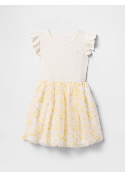 Kız Bebek Kırık Beyaz Çiçek Desenli Tül Elbise fırsatları