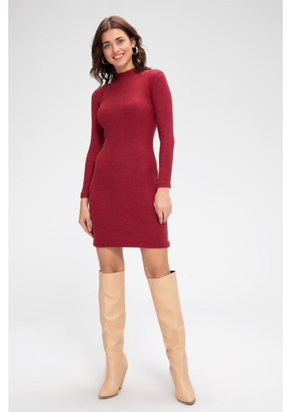 Kadın Bordo Kaşkorse Balıkçı Yaka Uzun Kollu Bodycon Mini Elbise fiyatları
