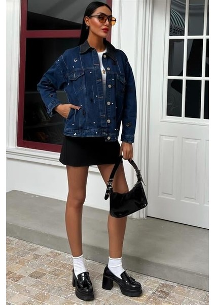 Yaka Siyah Garni Pul Payet Taşlı Oversize Denim Ceket 6125