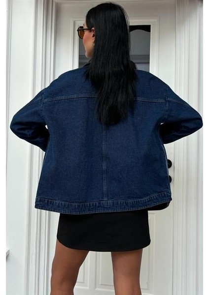 Yaka Siyah Garni Pul Payet Taşlı Oversize Denim Ceket 6125