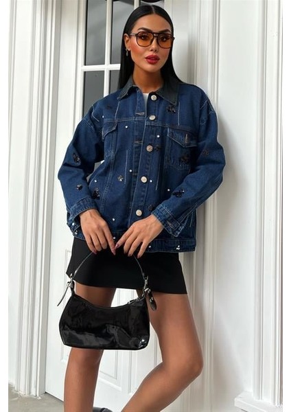 Yaka Siyah Garni Pul Payet Taşlı Oversize Denim Ceket 6125