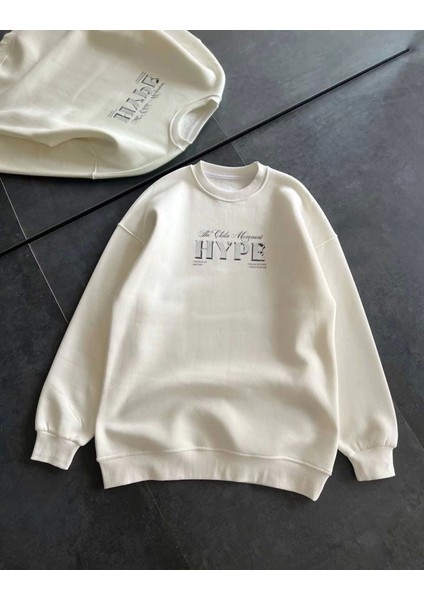Üç Iplik Bisiklet Yaka Baskılı Sweatshirt - Beyaz