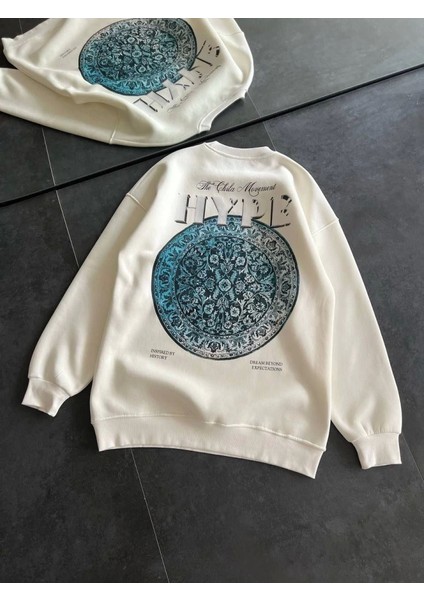 Üç Iplik Bisiklet Yaka Baskılı Sweatshirt - Beyaz
