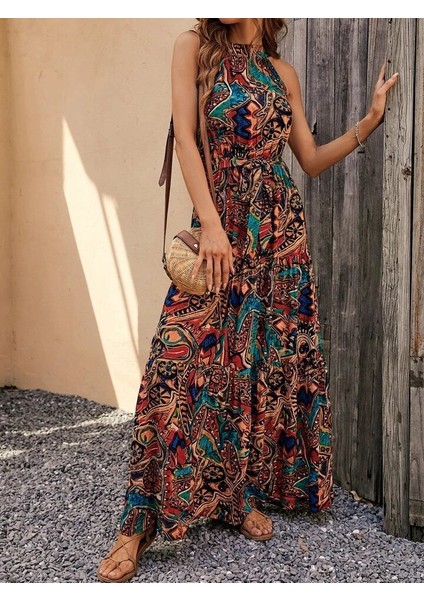 Kadın Kolsuz Halter Yaka Beli Lastikliotantik Desenli Mikro Kumaş Elbise