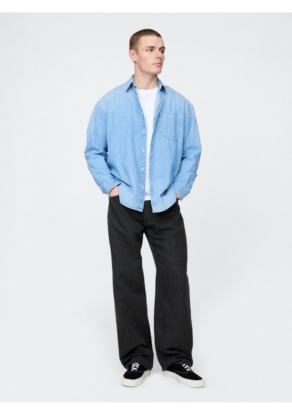 Erkek Siyah Keten Karışımlı 90's Loose Herringbone Pantolon