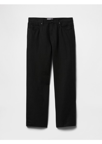 Erkek Siyah Keten Karışımlı 90's Loose Herringbone Pantolon