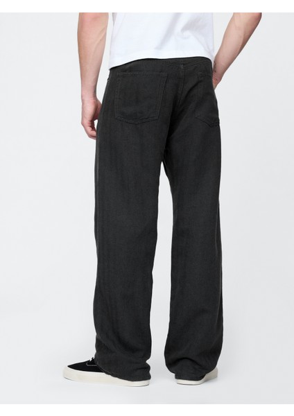 Erkek Siyah Keten Karışımlı 90's Loose Herringbone Pantolon