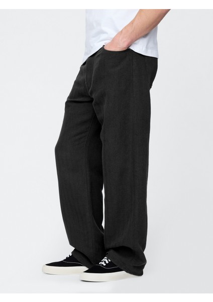Erkek Siyah Keten Karışımlı 90's Loose Herringbone Pantolon
