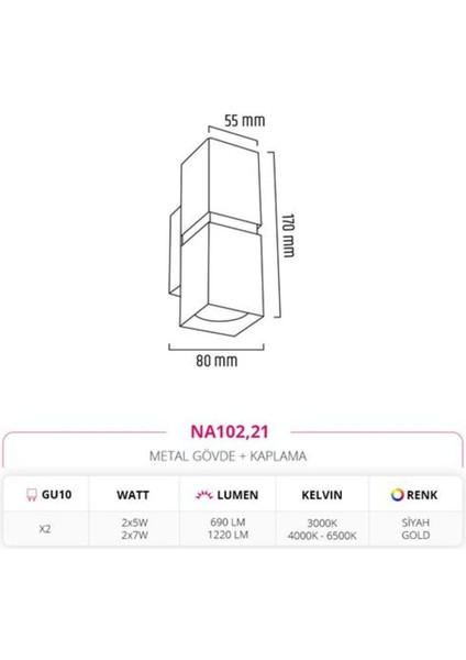 Çift Yönlü Iç Mekan Aplik 2*7W/6500K Siyah Gold Md-A 5187-21