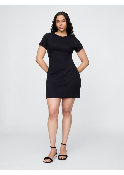 Kadın Siyah Fitilli Mini T-Shirt Elbise fırsatları