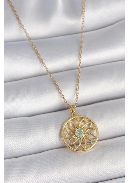 316L Çelik Gold Renk Zincr Mavi Taşlı Lotus Model Kadın Kolye