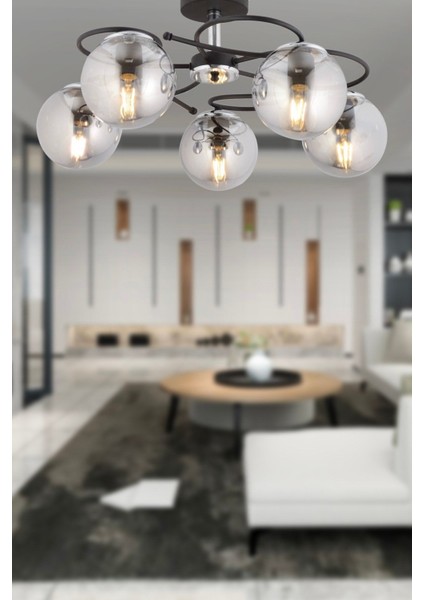 Rodonit 5li Siyah Krom Füme Camlı Modern Sarkıt Genç Odası Yatak Odası Retro Salon Avize