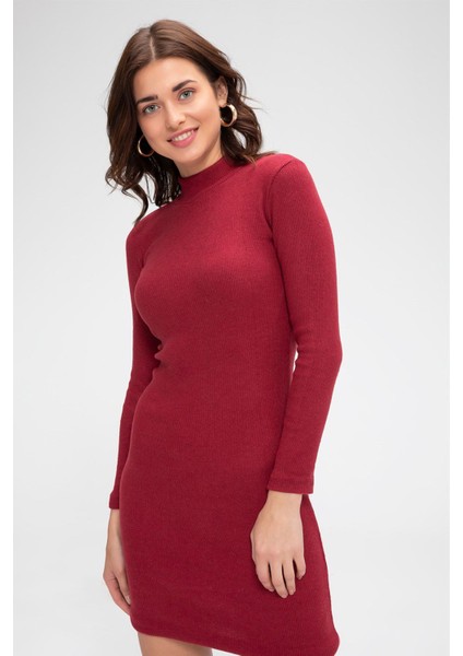 Kadın Bordo Kaşkorse Balıkçı Yaka Uzun Kollu Bodycon Mini Elbise Akdenizpos Yeni