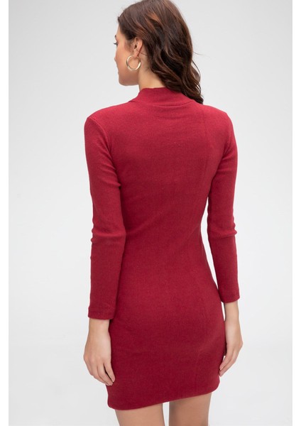 Kadın Bordo Kaşkorse Balıkçı Yaka Uzun Kollu Bodycon Mini Elbise Akdenizpos Yeni